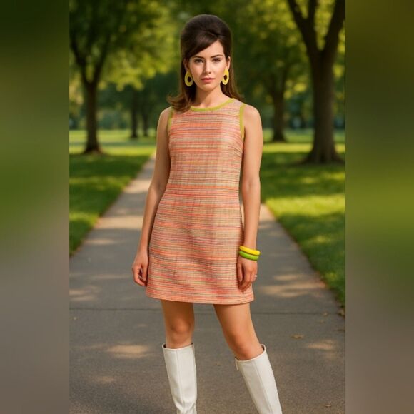 Alex Marie Sleeveless Neon Trim Tweed Shift Dress Size 14 Multicolor Woven Mod - Picture 1 of 8